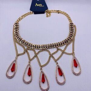 Aura Red Rhinestone Gold Tone Drape Statement Necklace 18” New